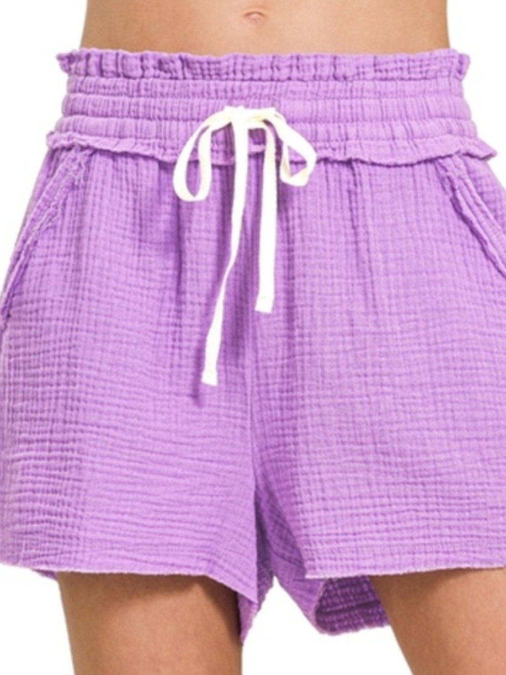 Zenana Double Gauze Cotton Drawstring Waist In Lavender Loose Fit  NIB